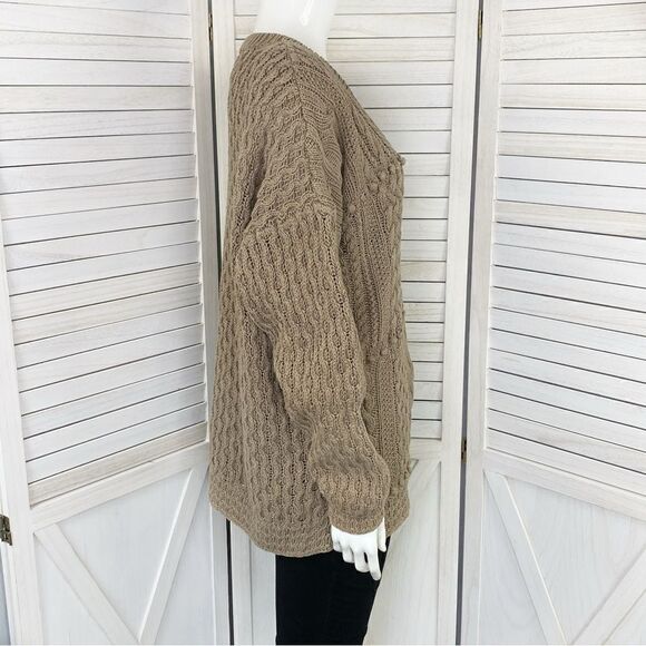 Express 90s Vintage Hand Knit Oversized Chunky Sweater Tan Taupe Medium V Neck - Picture 3 of 11